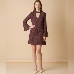 Bobeau Burgundy Patterned Long Bell Sleeve Dress Size M